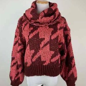 Anthropologie Ginny Pink Houndstooth Oversized Cowl Neck Sweater